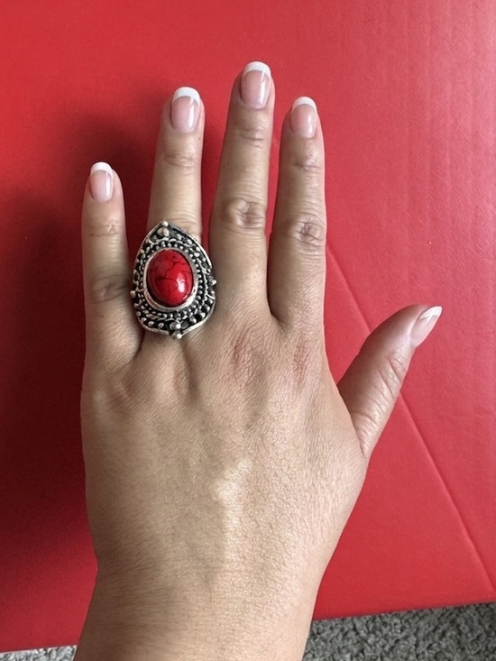 Jewelry - Vintage Boho Western Red Stone Statement Ring | Adjustable Silver Shield Ring